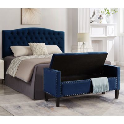 Navy Storage Bench with Tufted Seat & Armrest