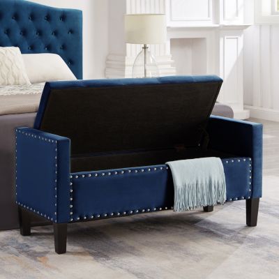 Navy Storage Bench with Tufted Seat & Armrest