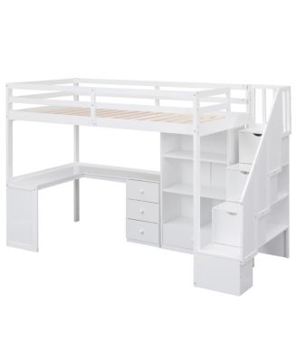 Twin Loft Bed with Desk, Storage, and Staircase