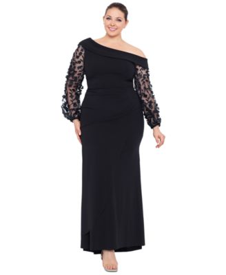 XSCAPE - Plus Size Off-The-Shoulder Floral-Sleeve Gown