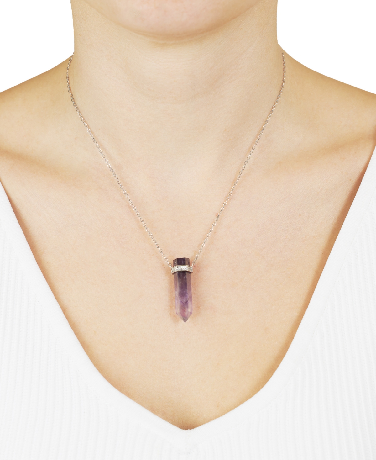 MACY'S STONE QUARTZ POINTED HEXAGON PENDANT NECKLACE 14K GOLD PLATED OR SILVER PLATED 