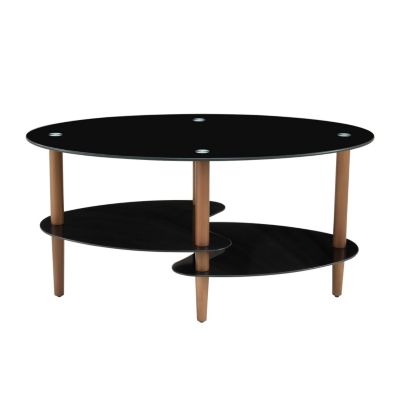 Modern 3-Layer Glass Coffee Table with Oak Wood Legs