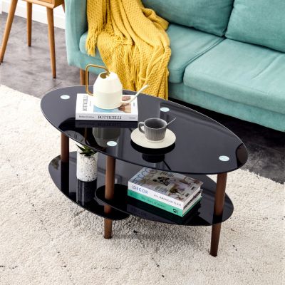 Modern 3-Layer Glass Coffee Table with Oak Wood Legs