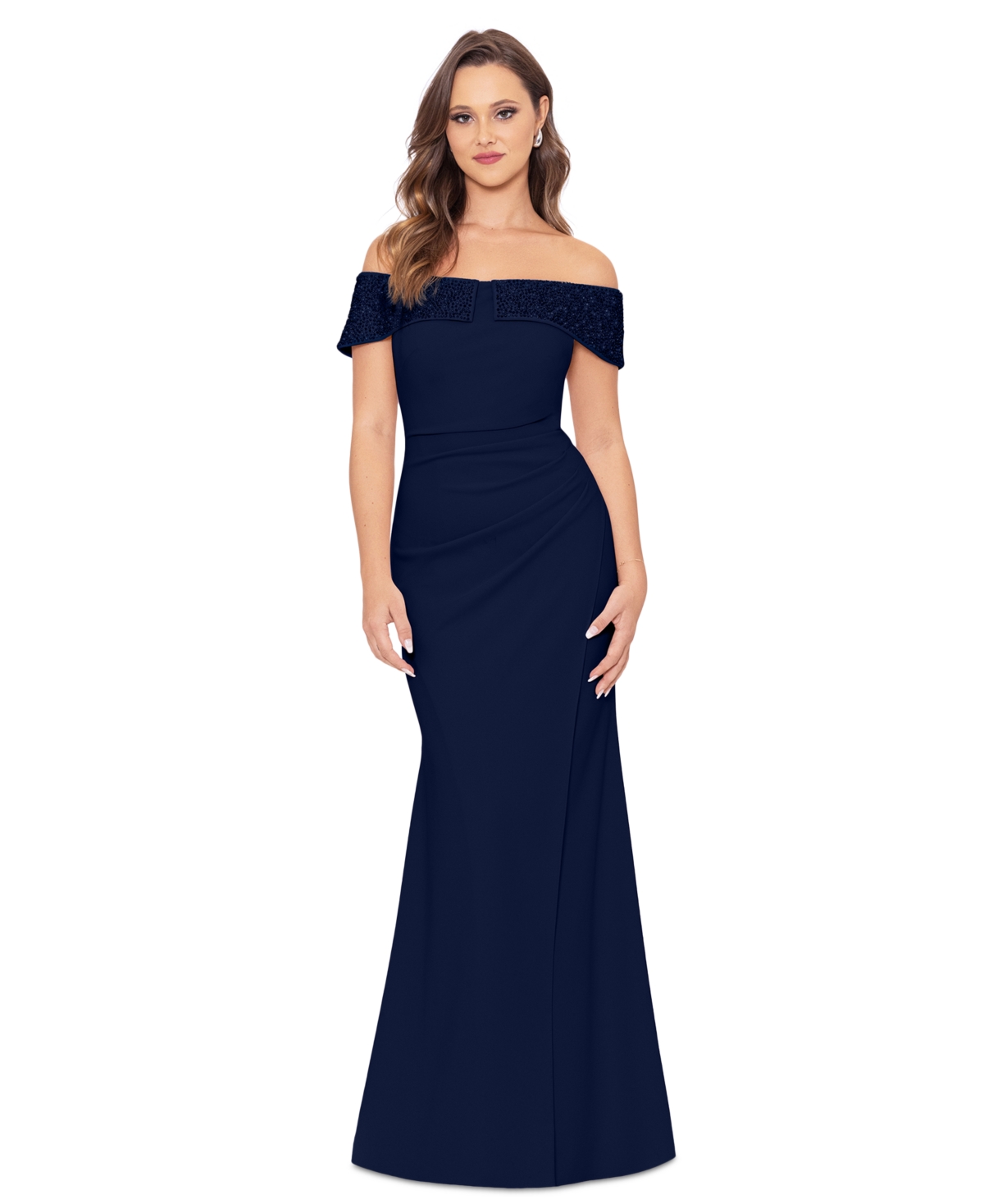 Betsy & Adam Petite Beaded Off-the-shoulder Gown In Navy