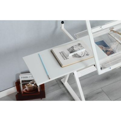 Streamdale White Adjustable Tempered Glass Drafting Printing Table With Chair