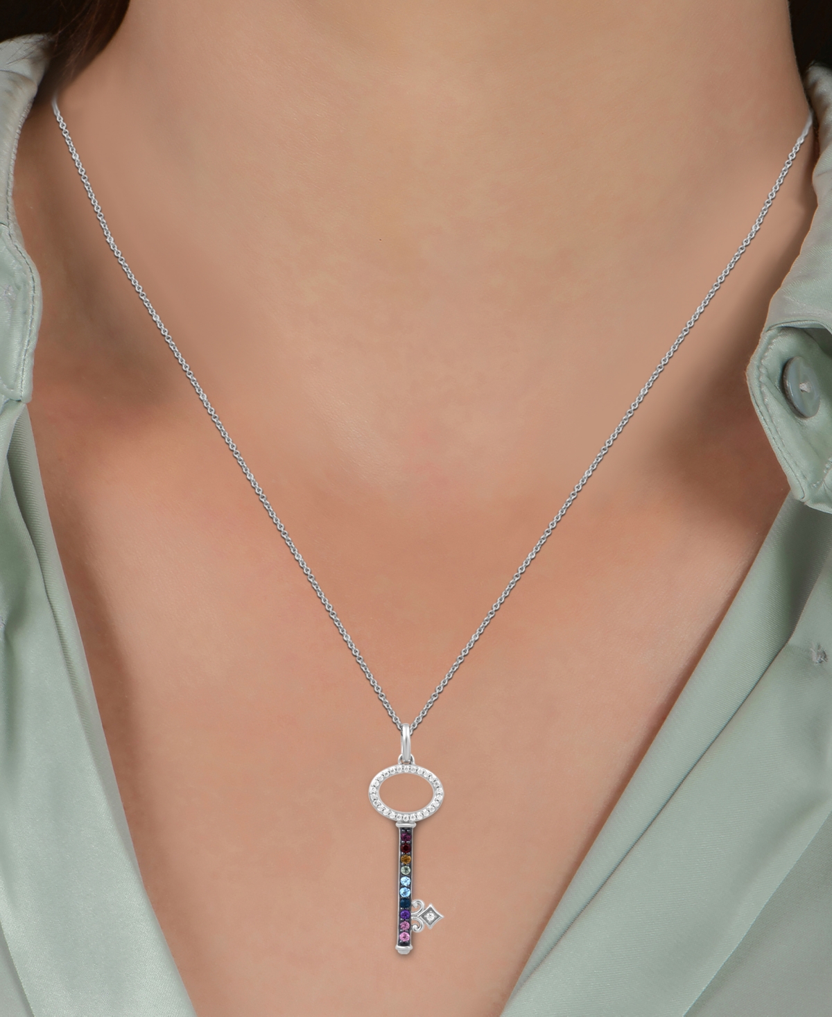 Multi-Gemstone (1/6 ct. t.w.) & Diamond (1/10 ct. t.w.) Princess-Inspired Key Pendant Necklace  16