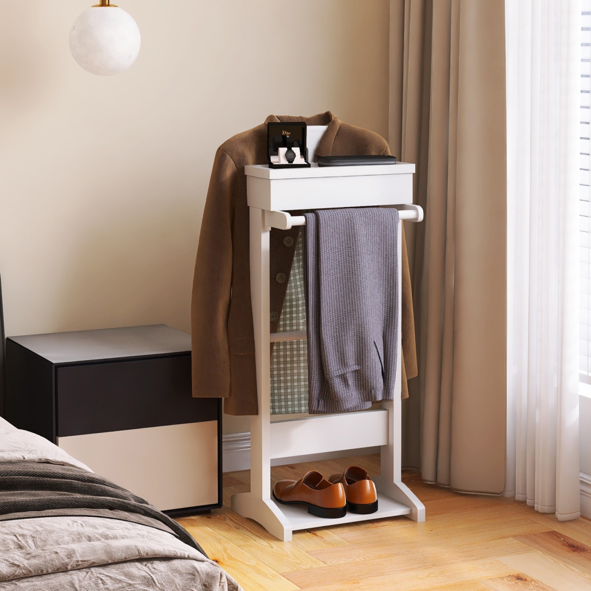 Streamdale FurniturePortable Garment Rack, Clothes Valet Stand With Storage Organizer - White
