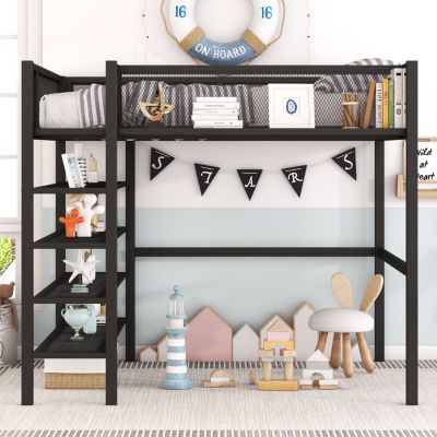 Streamdale Full Size Metal Loft Bed With 4-Tier Shelves