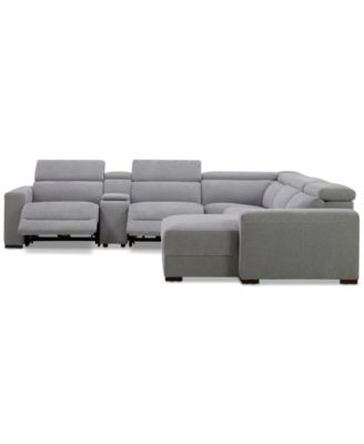 Nevio 6-Pc. Fabric Power Headrest Sectional with Chaise & Console and 2 Power Motion Chairs
