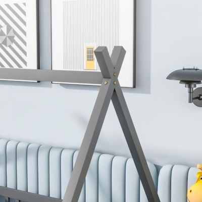 Twin Tent-Shaped Floor Bed, Teepee Bed With Guardrails, Slats, Grey