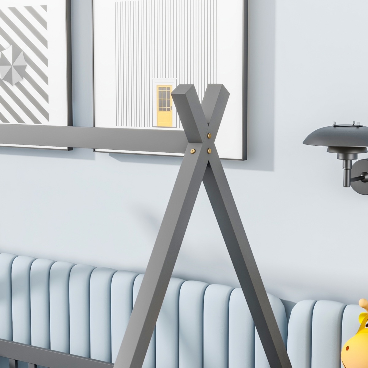 Simplie Fun Twin Tent-Shaped Floor Bed, Teepee Bed With Guardrails, Slats, Grey