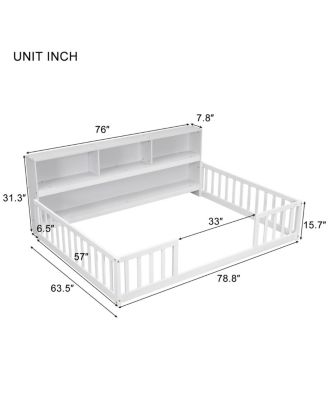 + Full Floor Bed + Wood + Side Bookcase, Shelves, Guardrails + Bed