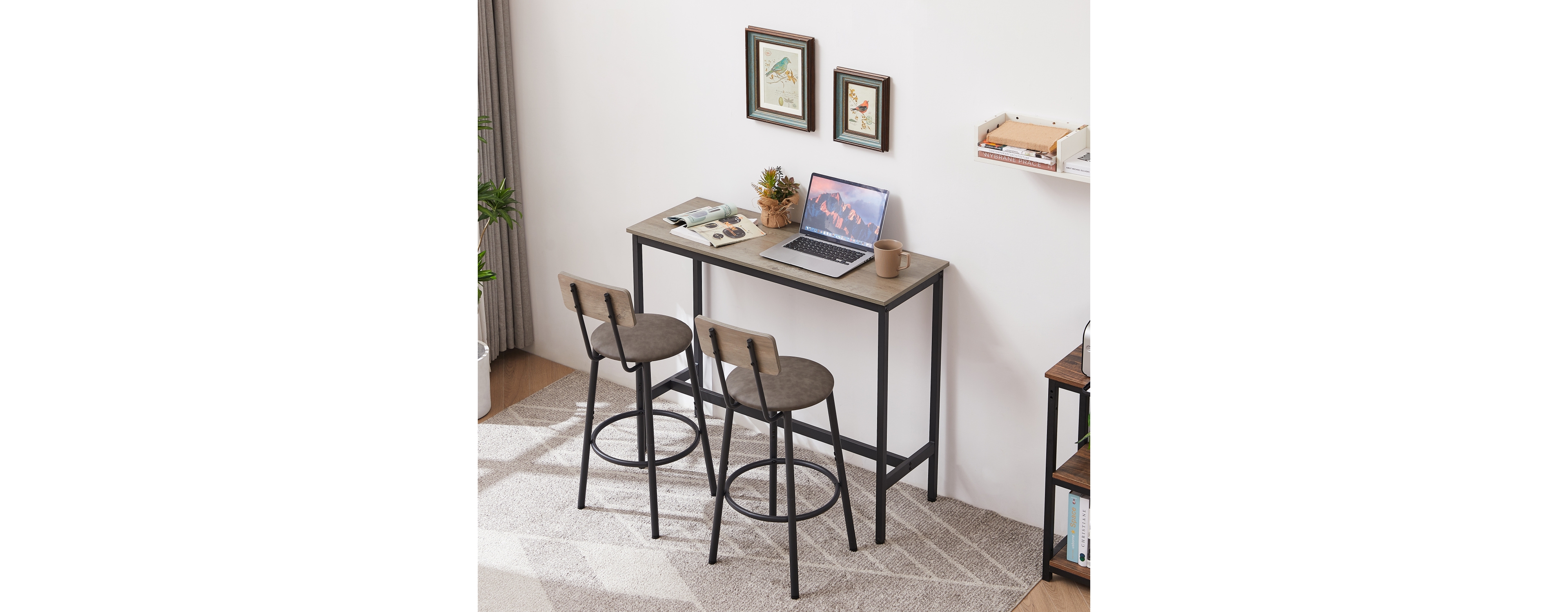Simplie Fun Bar Table Set With 2 Bar Stools Pu Soft Seat With Backrest, 43.31" L X 15.75" W X 35.43"