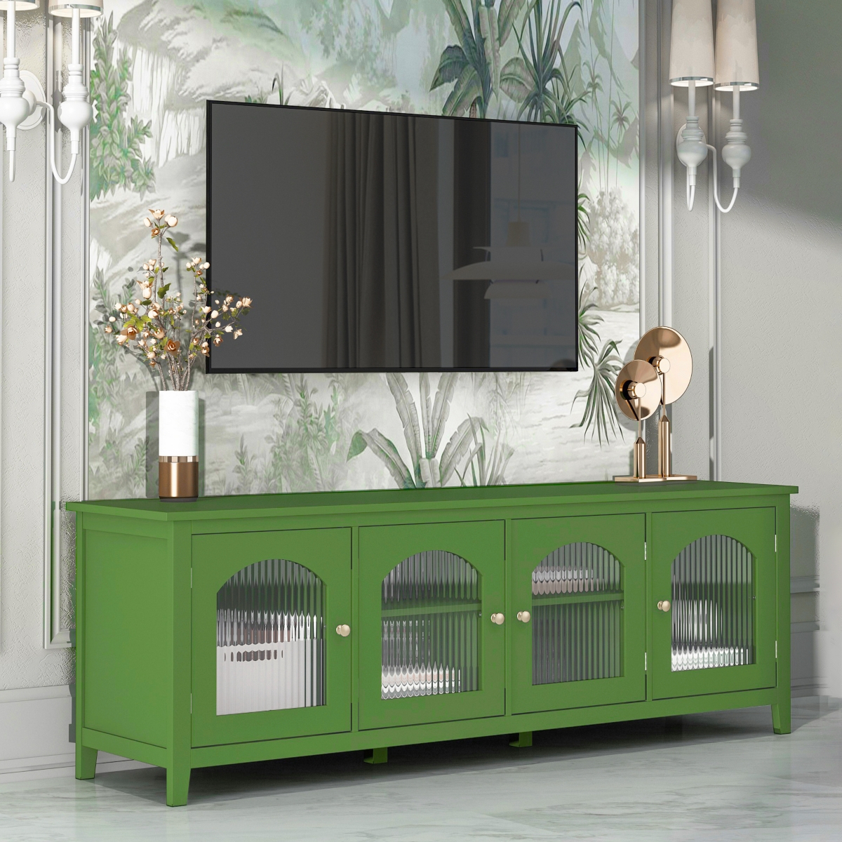 Streamdale Furniture Stylish 71-Inch Tv Stand withGlass Door - Antique green