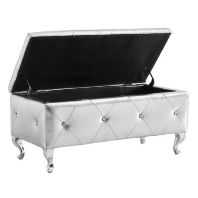 Crystal Button Faux Leather Ottoman Bench