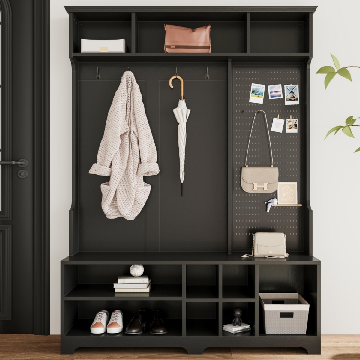 Black Hall Tree with Shoe Bench and Coat Rack - Black