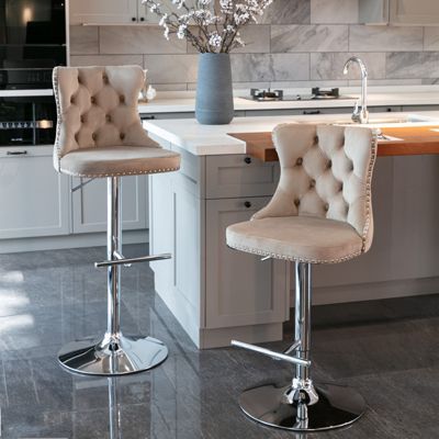  Adjustable Khaki Velvet Bar Stools, Set of 2
