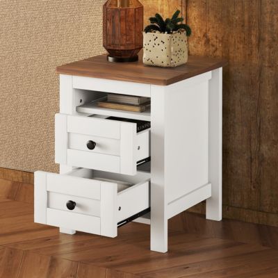 Farmhouse Wooden Nightstand with Storage, White+Brown