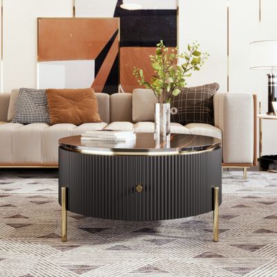 31.5" Round MDF Marble Pattern Storage Coffee Table