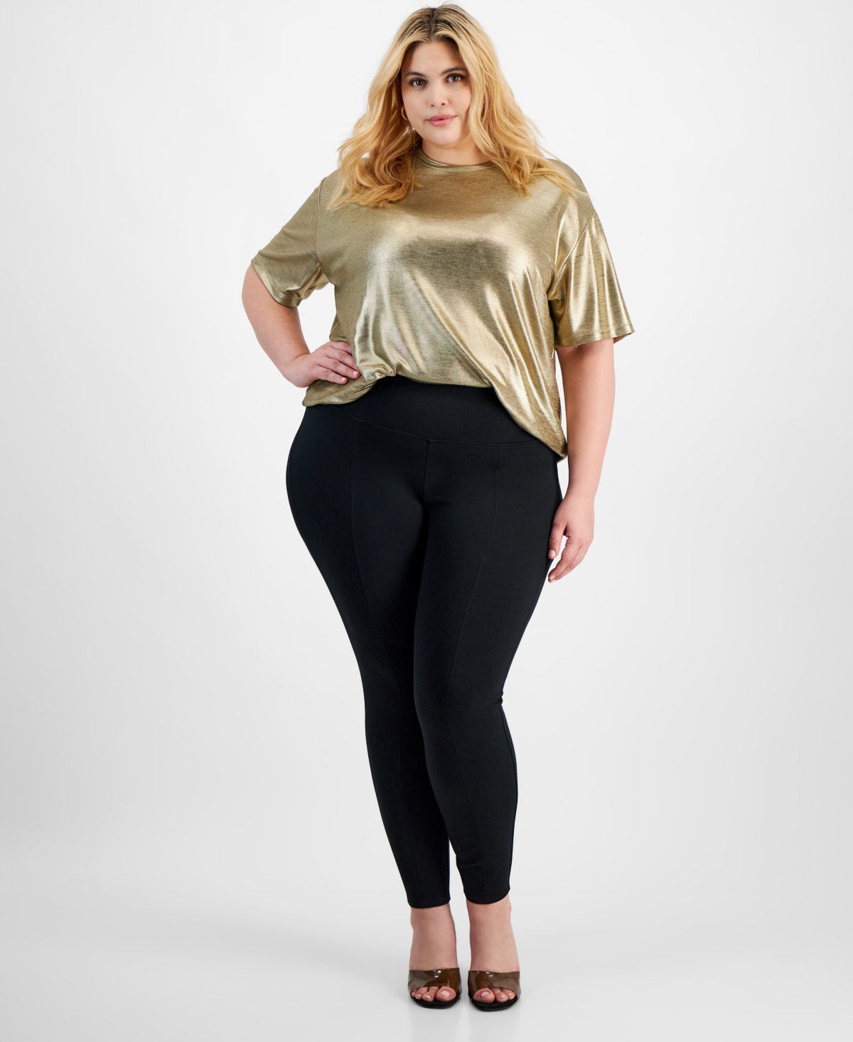 Trendy Plus Size High-Rise Seam-Front Leggings, Created for Macy's - Deep Black