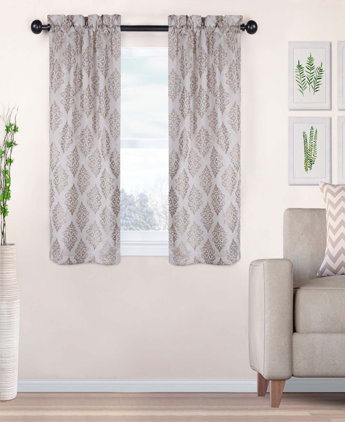 Superior Modern Venetian Damask Jacquard 2-Piece Curtain Panels with Rod Pocket, 26