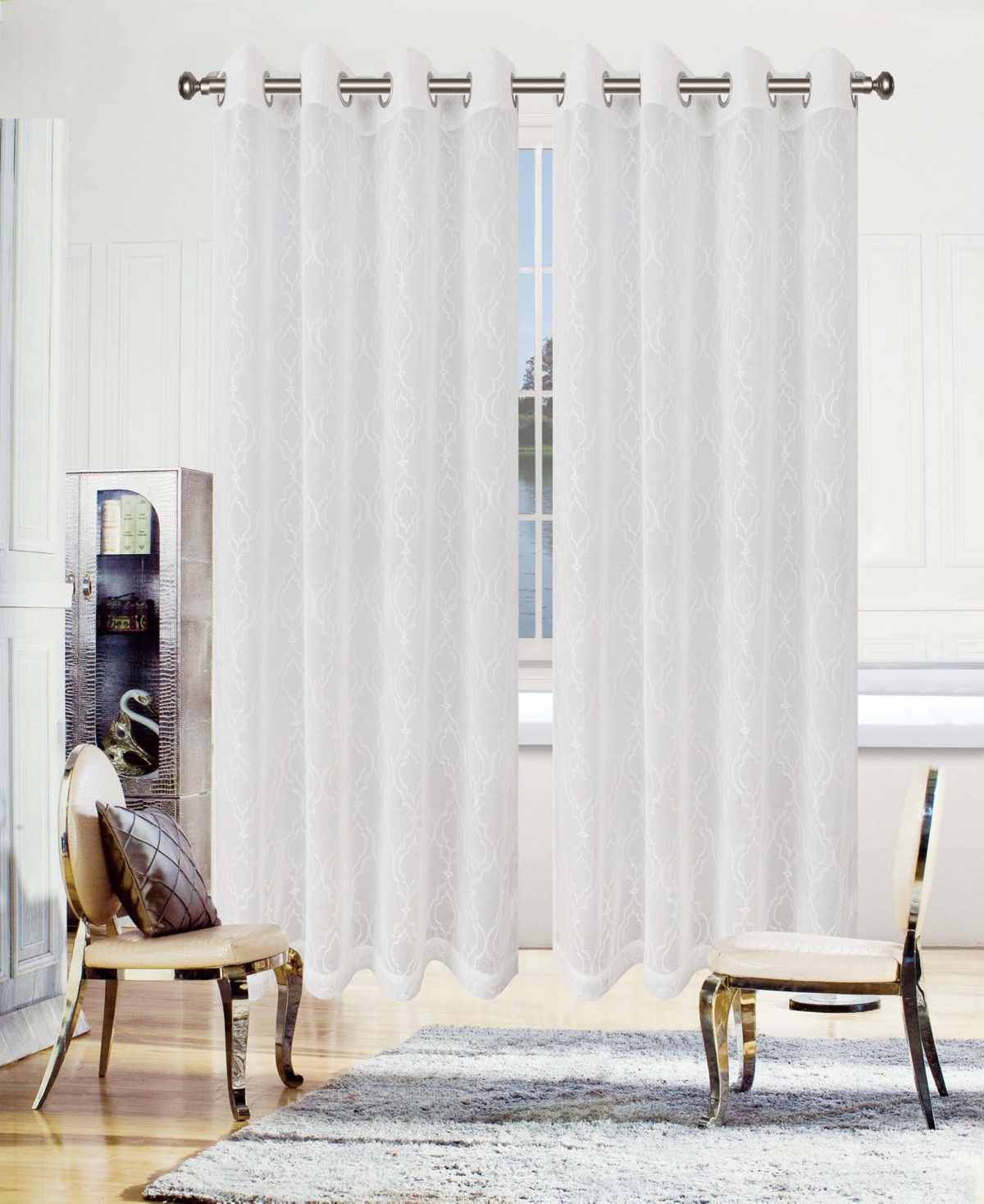 Superior Modern Embroidered Imperial Trellis Sheer 2-Piece Curtain Panel Set with Grommet Header Top, 52