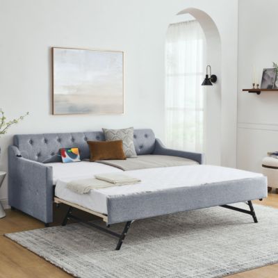 Streamdale Gray Linen Upholstered Daybed with Twin Trundle and USB