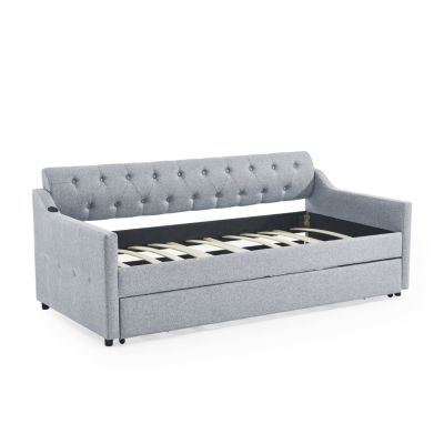 Streamdale Gray Linen Upholstered Daybed with Twin Trundle and USB