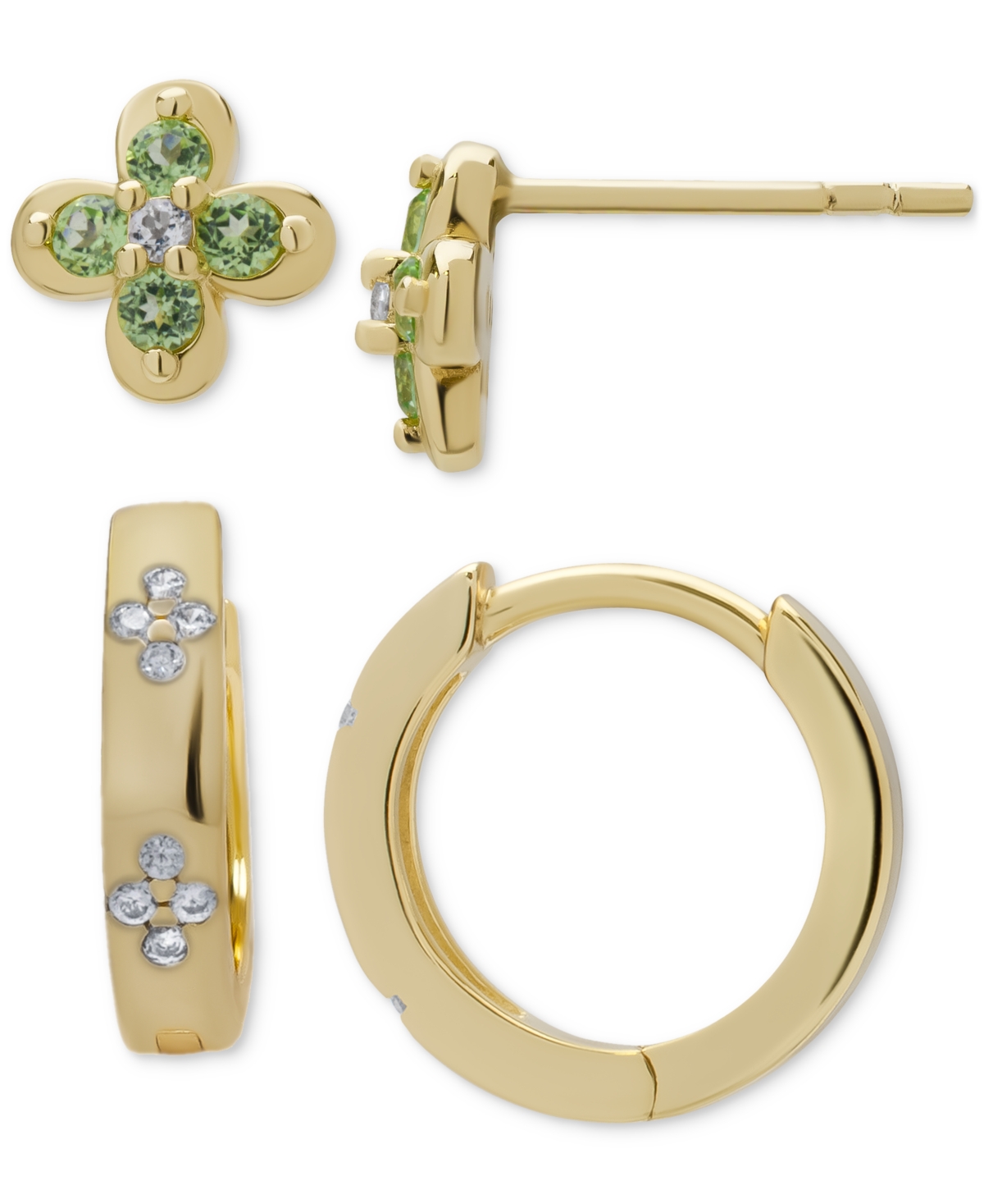 2-Pc. Set Peridot (3/8 ct. t.w.), White Topaz (1/20 ct. t.w..) & Lab Grown White Sapphire (1/6 ct. t.w.) Clover Stud & Hoop Earrings in 14kPlate