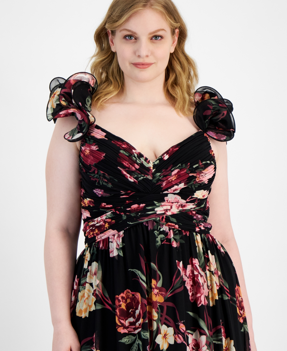 B Darlin Trendy Plus Size Floral-print Ruffle-strap Gown In Blk,multi