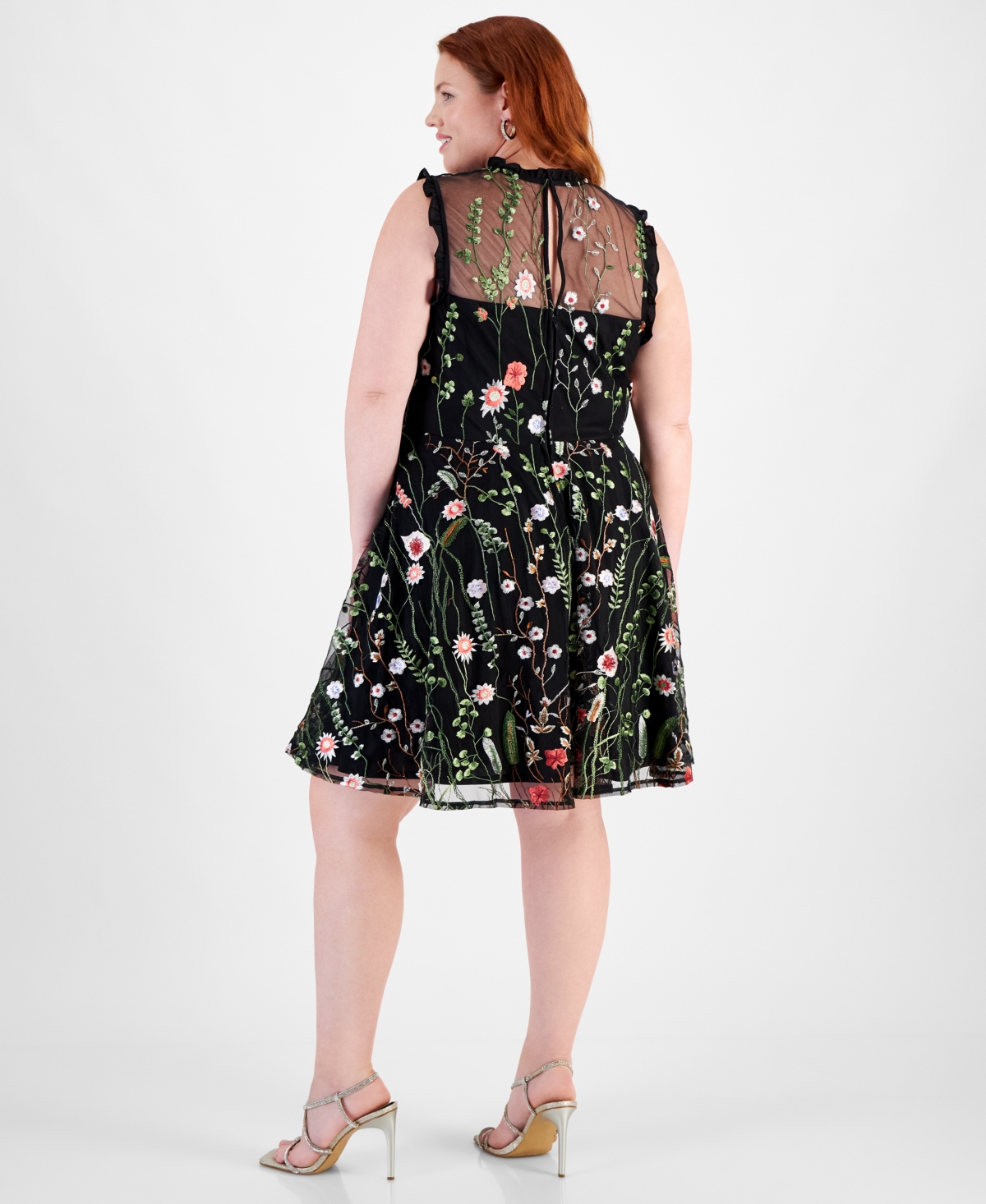 City Studios Trendy Plus Size Mock-Neck Floral-Embroidered Mesh Dress -grn/pn