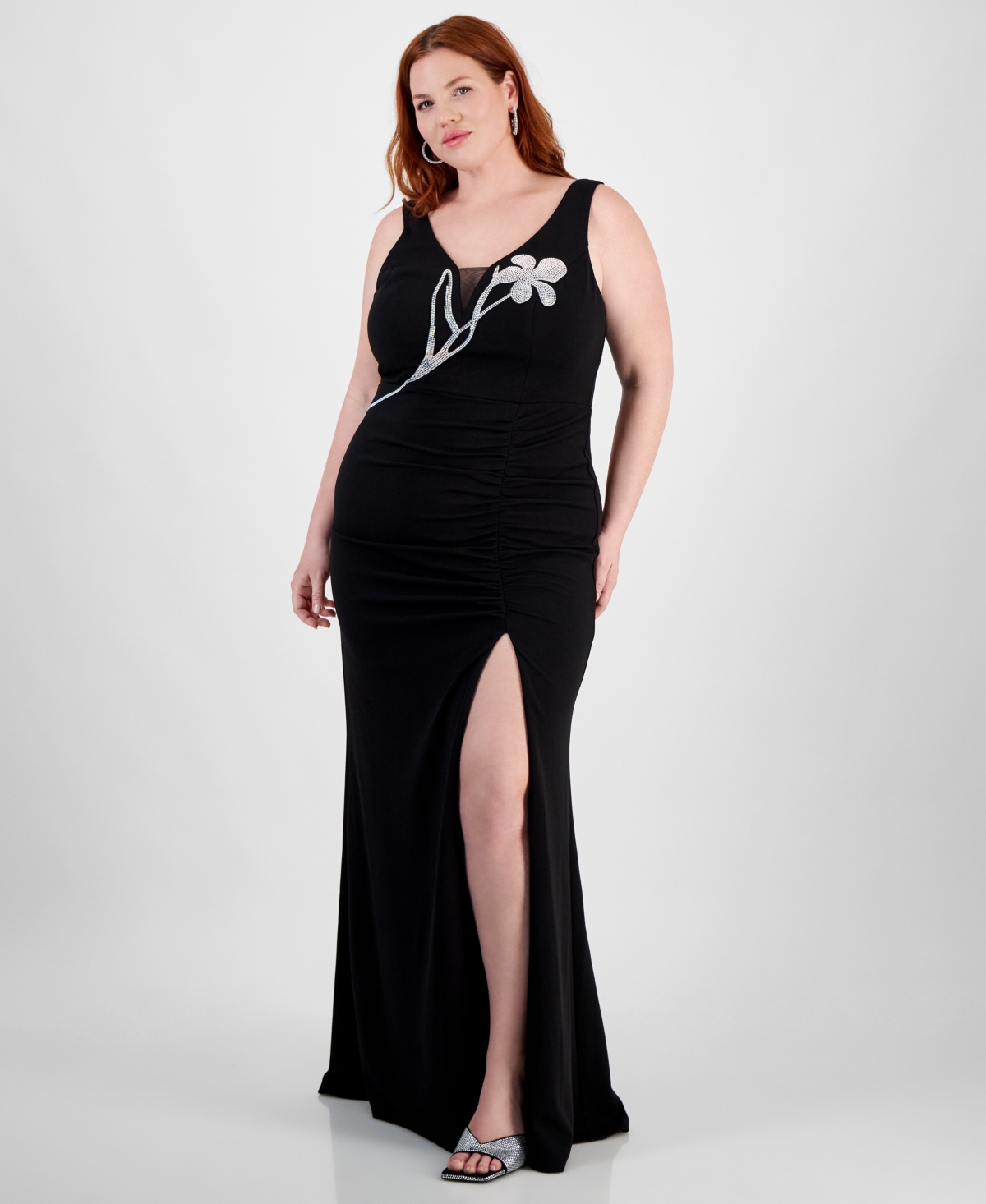 Trendy Plus Size Split-Neck High-Slit Scuba Gown - Black