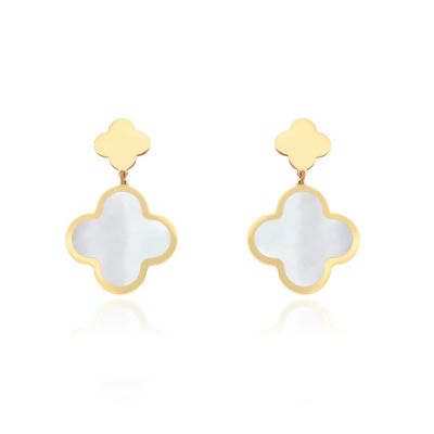 Mother of Pearl and Gold Clover Drop Earrings 14K Gold