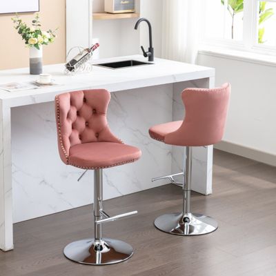 Modern Pink Velvet Swivel Barstools, Set of 2