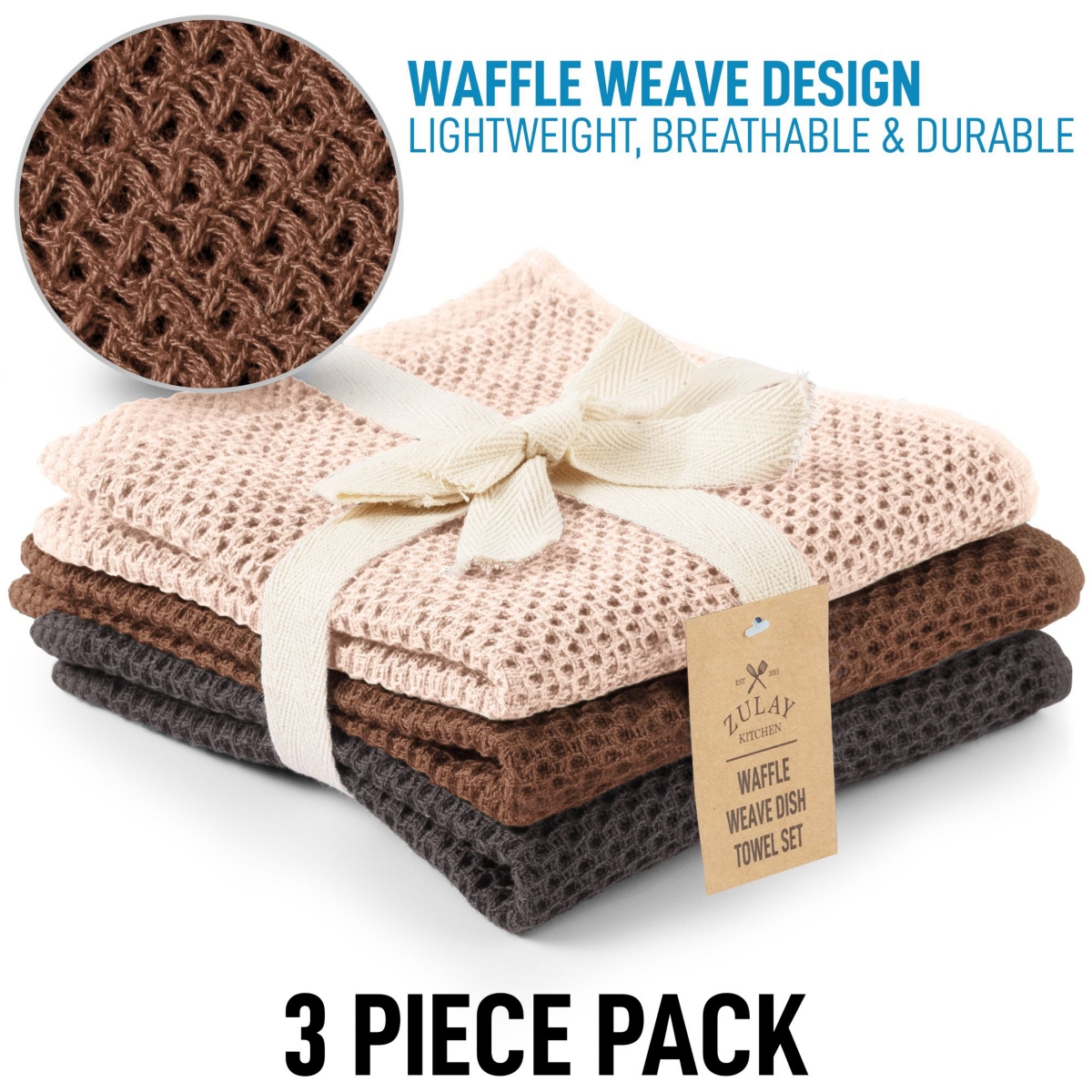 Zulay Kitchen Reusable Kitchen Towels 3 Pack 100% Cotton Waffle Weave - Super Absorbent Dish Towels for Kitchen