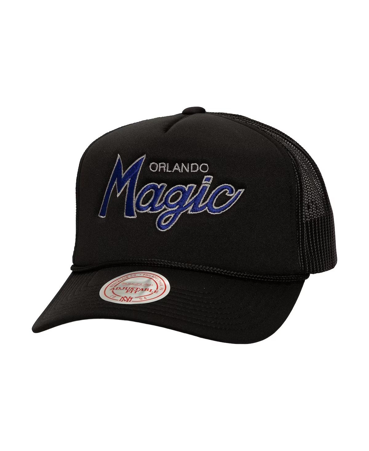 Mitchell Ness Men's Black Orlando Magic Script Sidepatch Trucker Adjustable Hat - Black