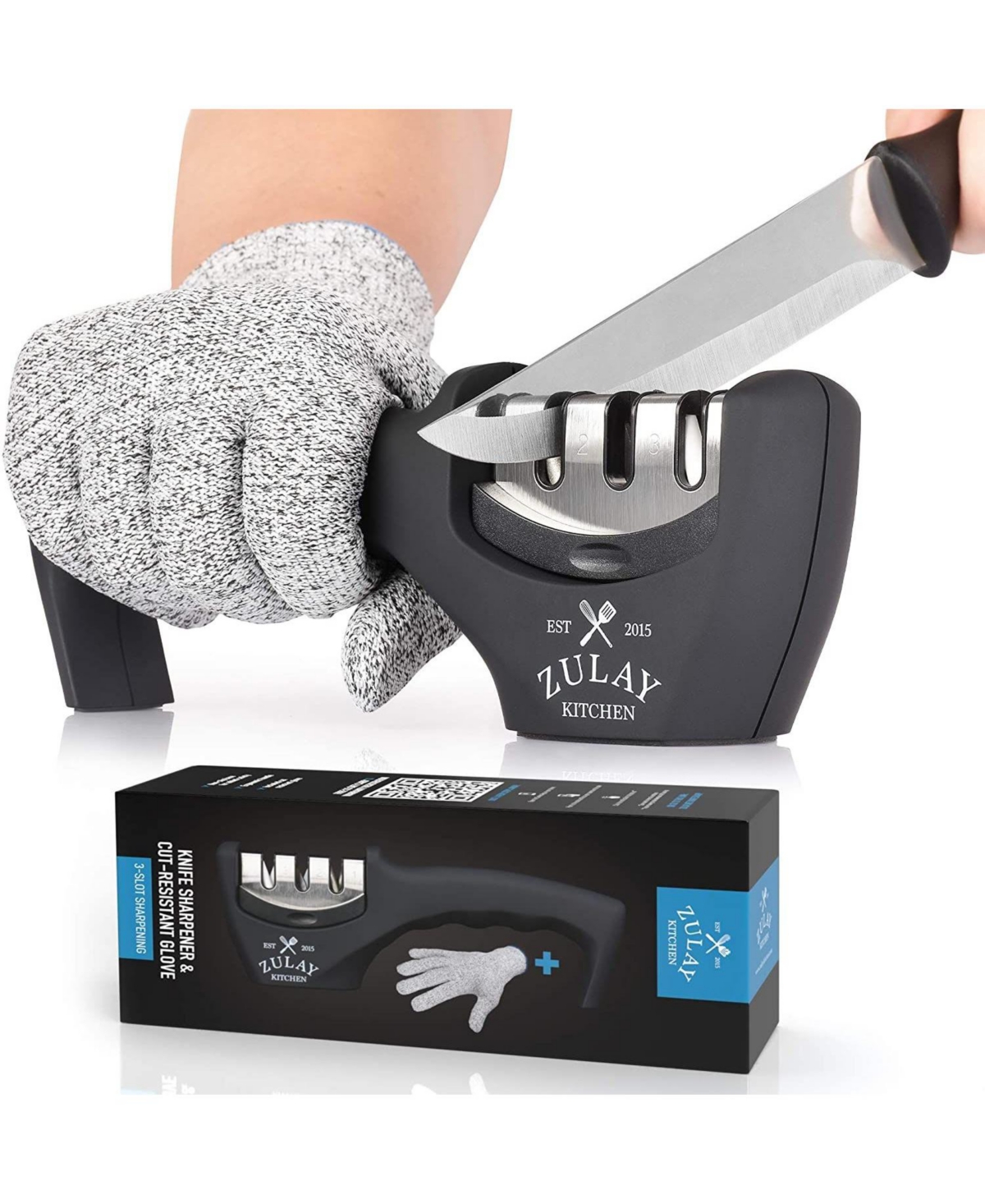 3 Stage Knife Sharpener and 1 Piece Cut-Resistant Glove