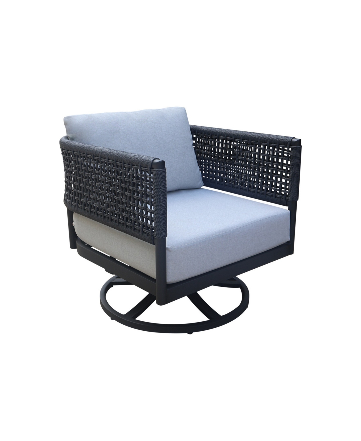 International Concepts Outdoor 3 Piece Woven Abaca Rope Patio Furniture Set With An End Table And 2 Swivel Chairs In Charcoal