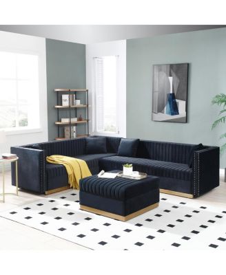 Streamdale Modern Black Velvet Sectional Sofa with Ottoman