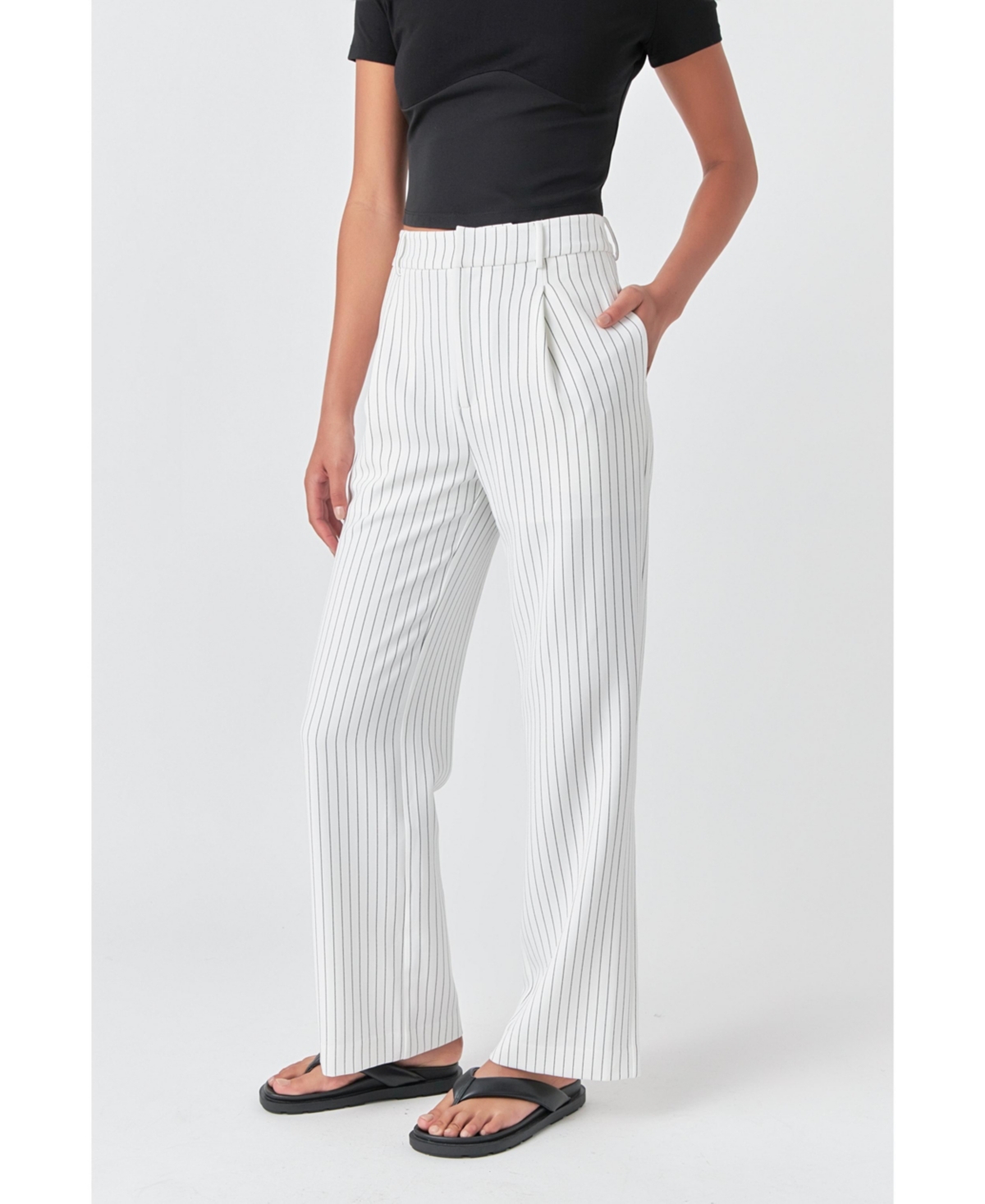 Women's Pinstriped High Waisted Wide Trousers - White black stripe