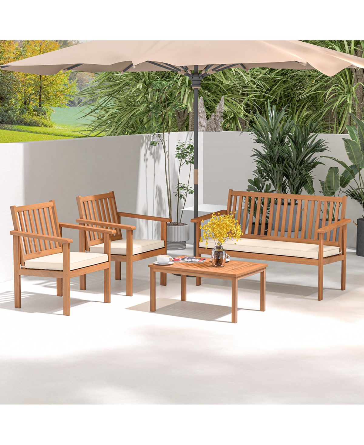 4 Pcs Patio Wood Furniture Set with Loveseat, 2 Chairs & Coffee Table for Porch