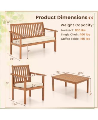 4 PCS Patio Wood Furniture Set with Loveseat, 2 Chairs & Coffee Table for Porch