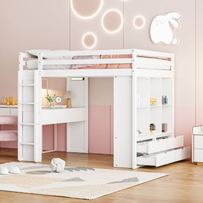  Loft Bed with Shelves, Desk & LED, White