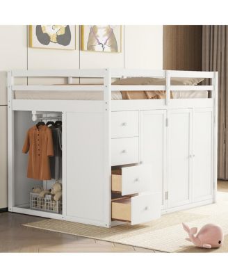 Full Size Wood Loft Bed With Built-In Wardrobes, Cabinets And Drawers