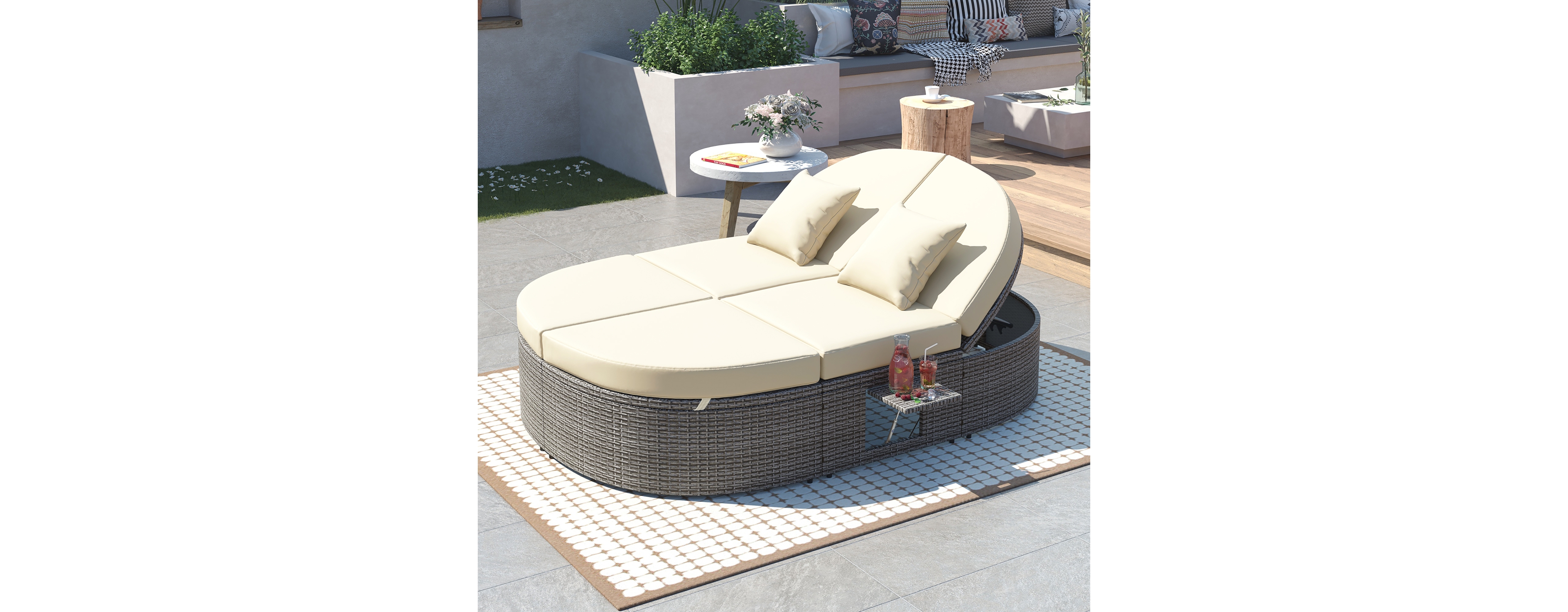 Simplie Fun Gray Rattan Outdoor Daybed with Cushions and Cup Trays