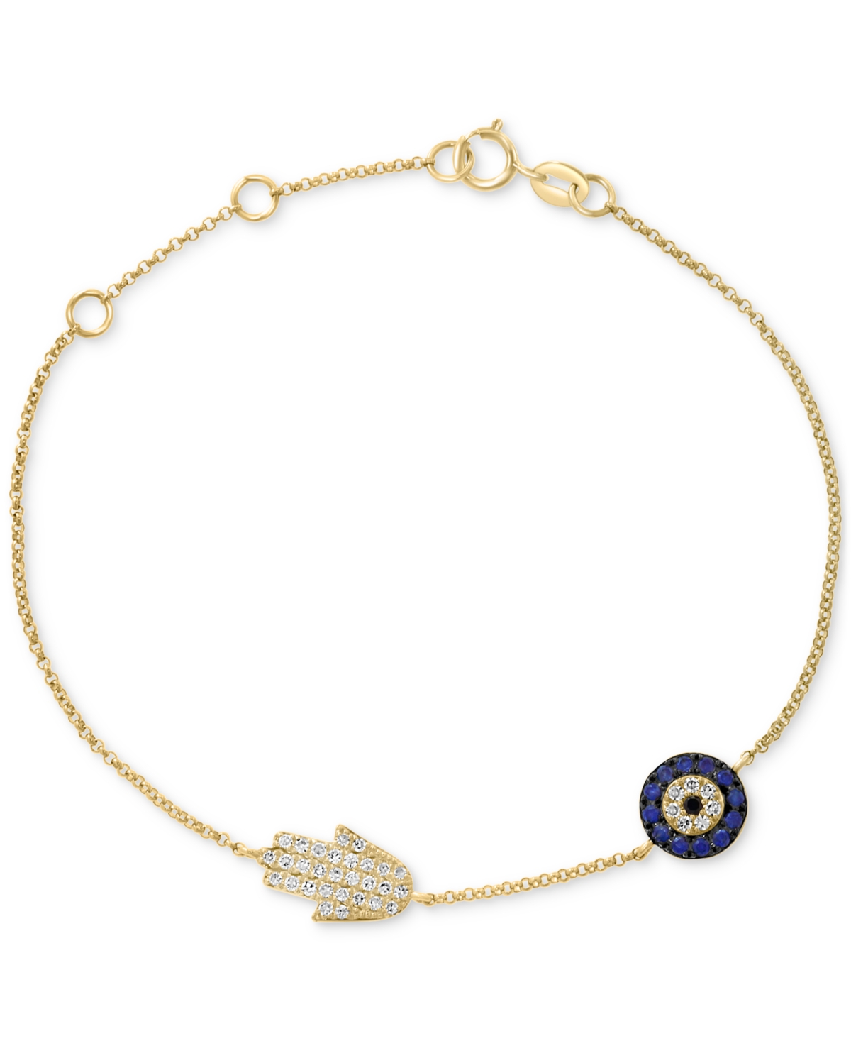 Effy Collection Effy Sapphire (1/8 Ct. T.w.) & Black And White Diamond (1/5 Ct. T.w.) Hamsa Hand & Evil Eye Link Bra In Yellow Gol