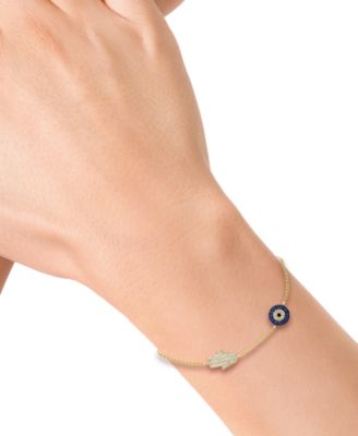 EFFY&reg; Sapphire (1/8 ct. t.w.) & Black and White Diamond (1/5 ct. t.w.) Hamsa Hand & Evil Eye Link Bracelet in 14k Gold