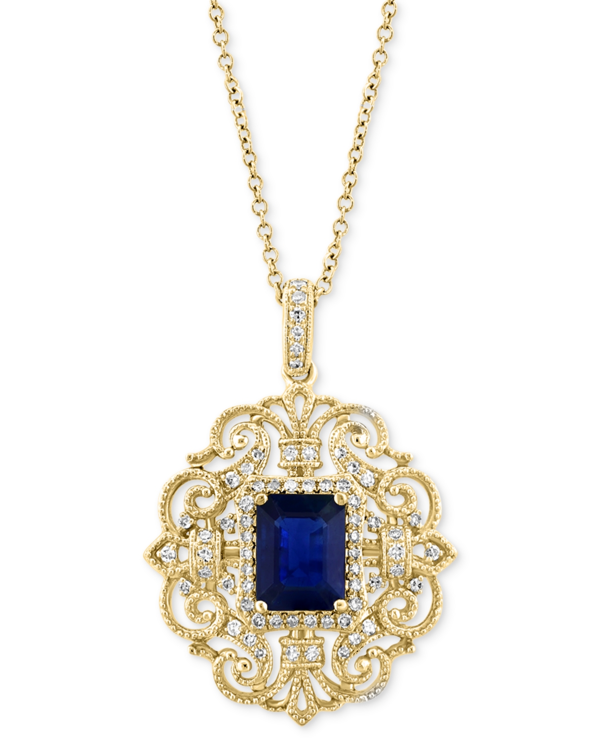 EFFY COLLECTION EFFY SAPPHIRE (1-1/2 CT. T.W.) & DIAMOND (1/4 CT. T.W.) OPENWORK FILIGREE 18" PENDANT NECKLACE IN 14 