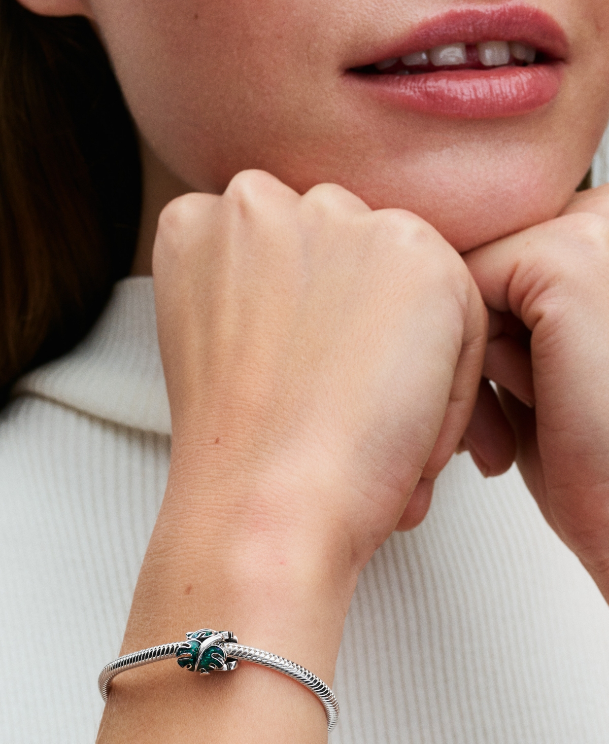 Pandora Sterling Silver Green Monstera Leaves Charm In Silver