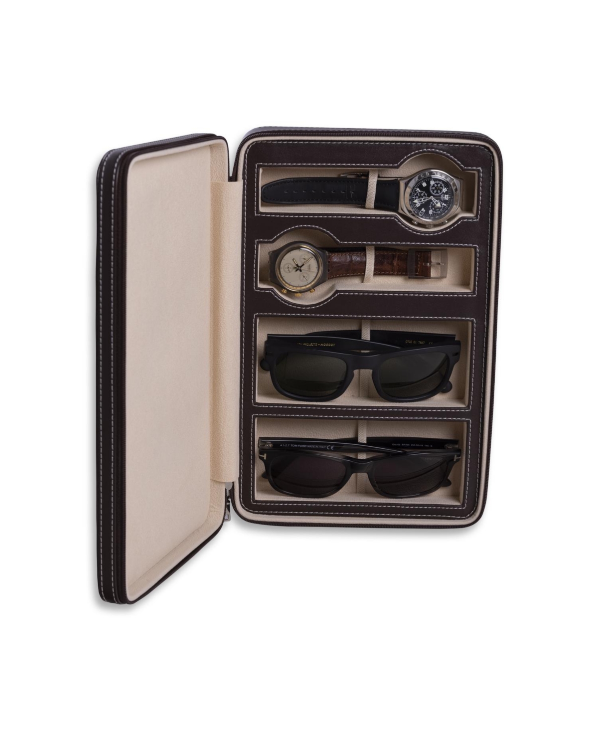 Bey-Berk Leather Two Watch and Two Sunglass Travel Case with Form Fit Compartments with Zipper Closure.